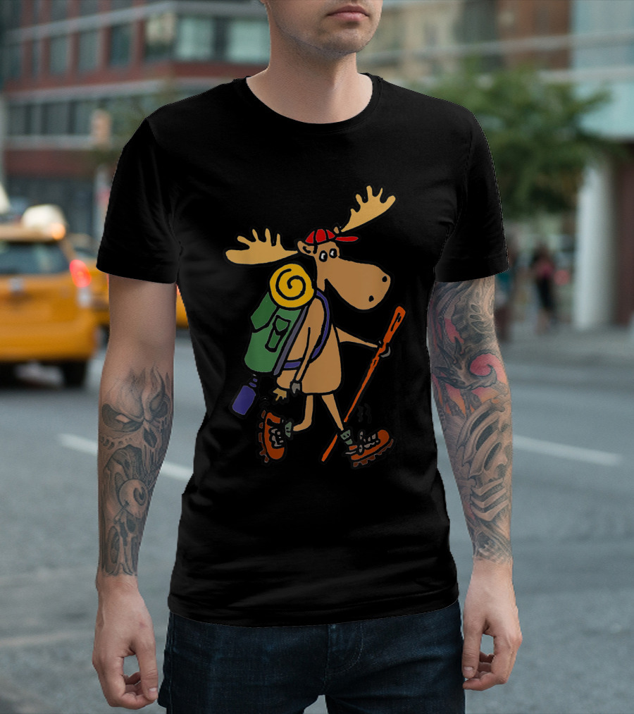 Hiking Moose Cartoon with Backpack and Walking Stick Smiletodaytees Funny Adventure T-Shirt