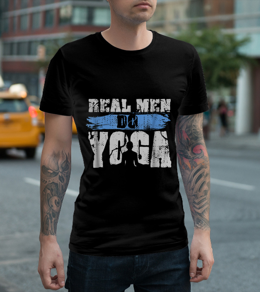 Real Men Do Yoga With Meditation Silhouette In Blue Brush Stroke T-Shirt