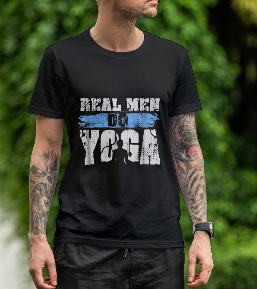 Real Men Do Yoga With Meditation Silhouette In Blue Brush Stroke T-Shirt