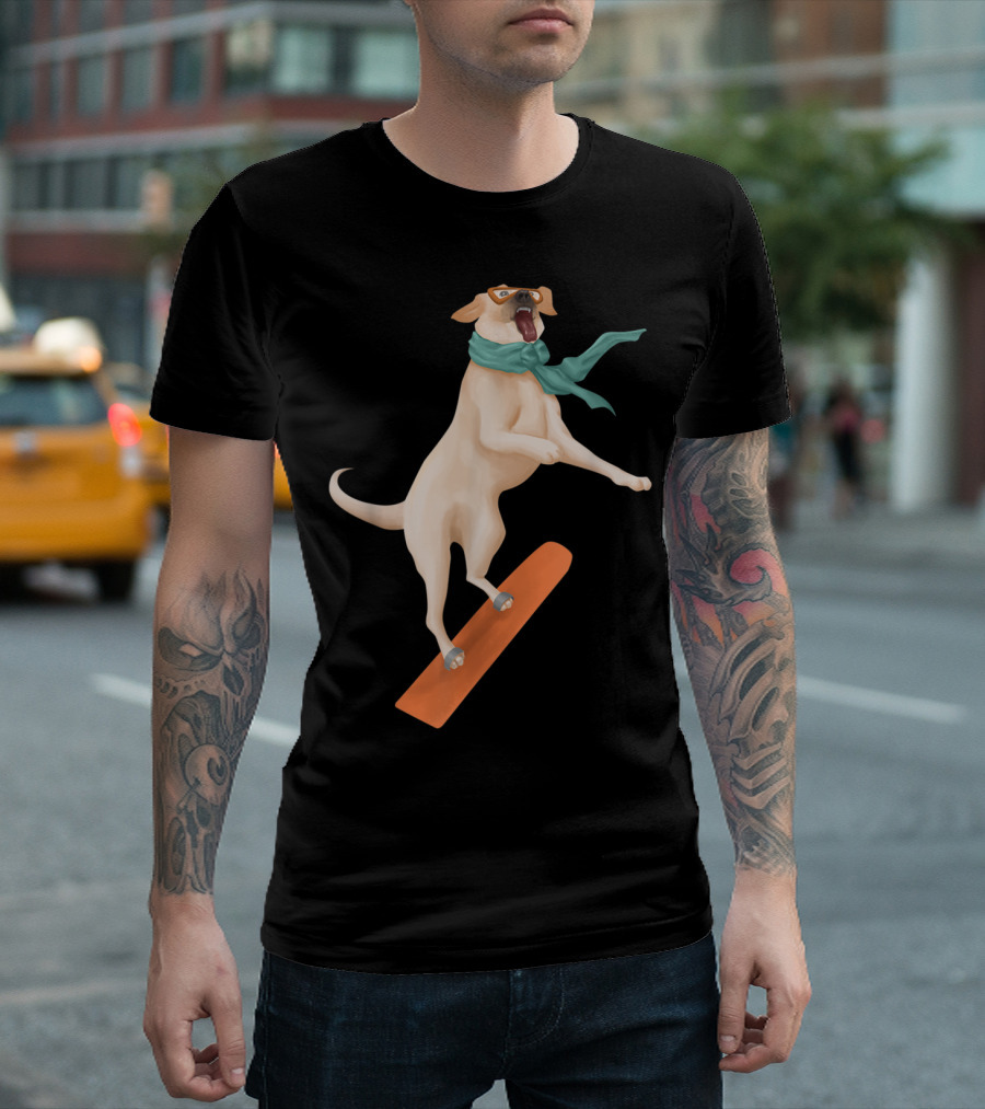Labrador Dog Snowboarding with Scarf Funny Snowboard Adventure T-Shirt