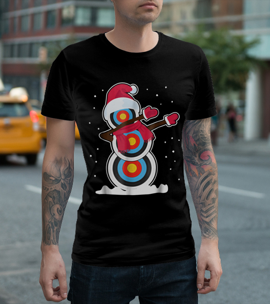 Snowman Target Dabbing With Santa Hat And Scarf In Winter Snowflakes T-Shirt