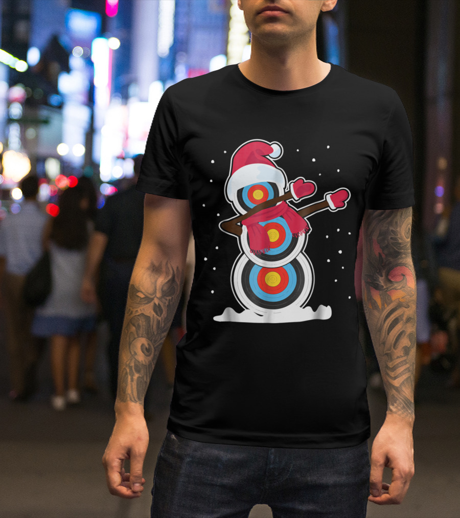 Snowman Target Dabbing With Santa Hat And Scarf In Winter Snowflakes T-Shirt