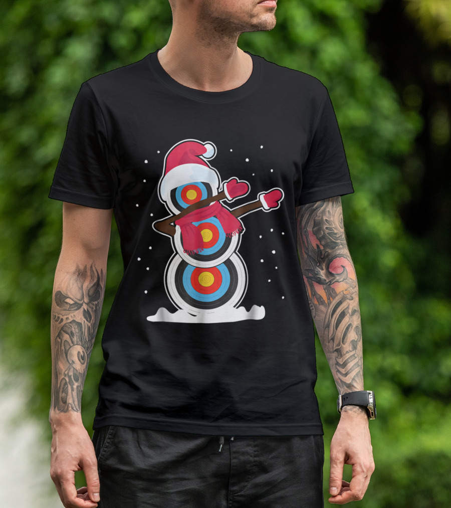 Snowman Target Dabbing With Santa Hat And Scarf In Winter Snowflakes T-Shirt