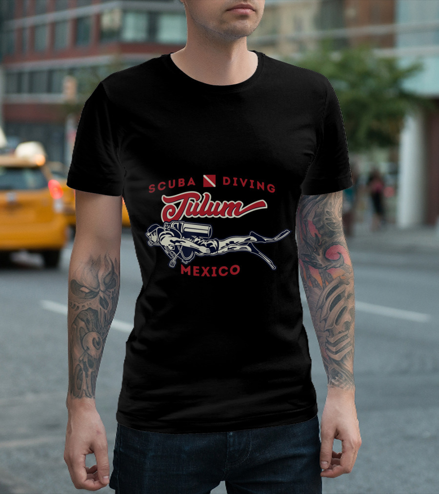 Tulum Mexico Scuba Diving Graphic with Diver and Red Dive Flag T-Shirt