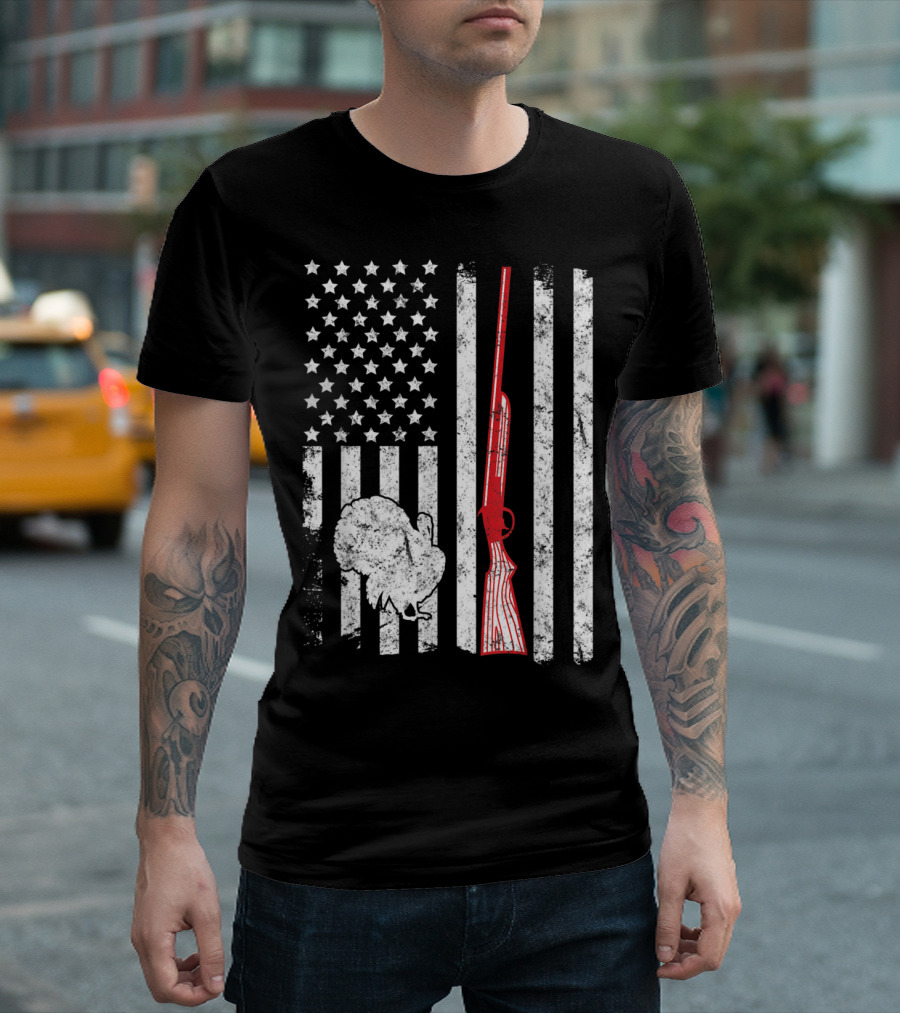 Turkey Hunting Shotgun American Flag Graphic With Turkey T-Shirt