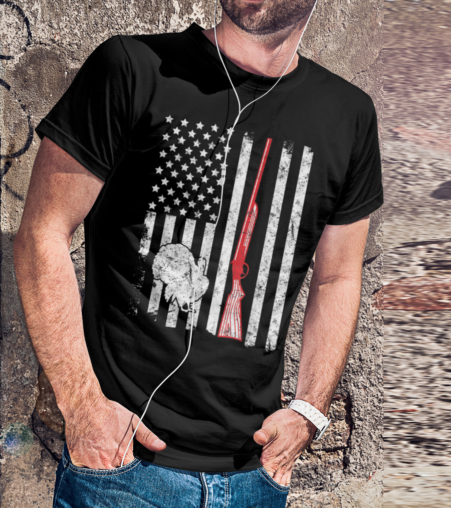 Turkey Hunting Shotgun American Flag Graphic With Turkey T-Shirt