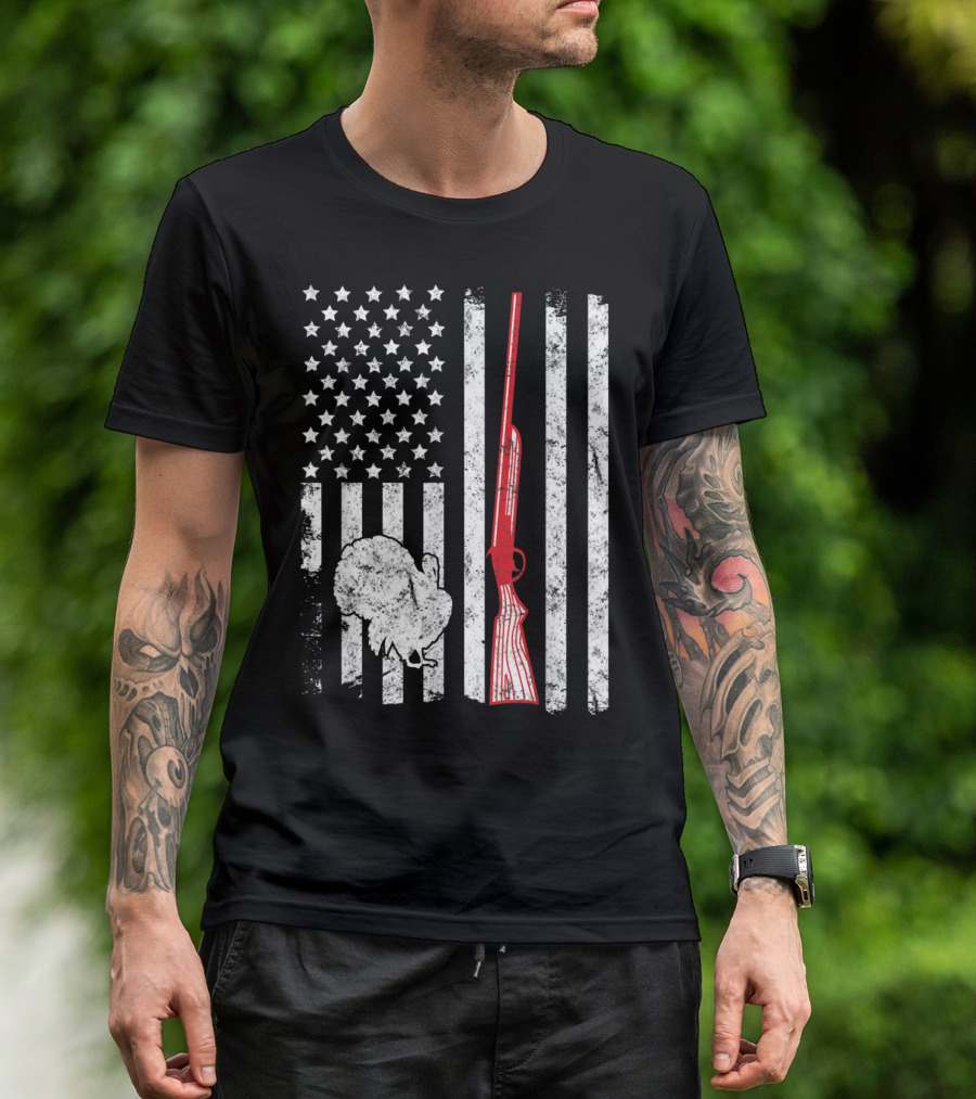 Turkey Hunting Shotgun American Flag Graphic With Turkey T-Shirt