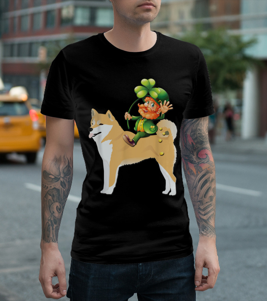 Leprechaun Waving on Shiba Inu with Shamrock and Gold Coins T-Shirt