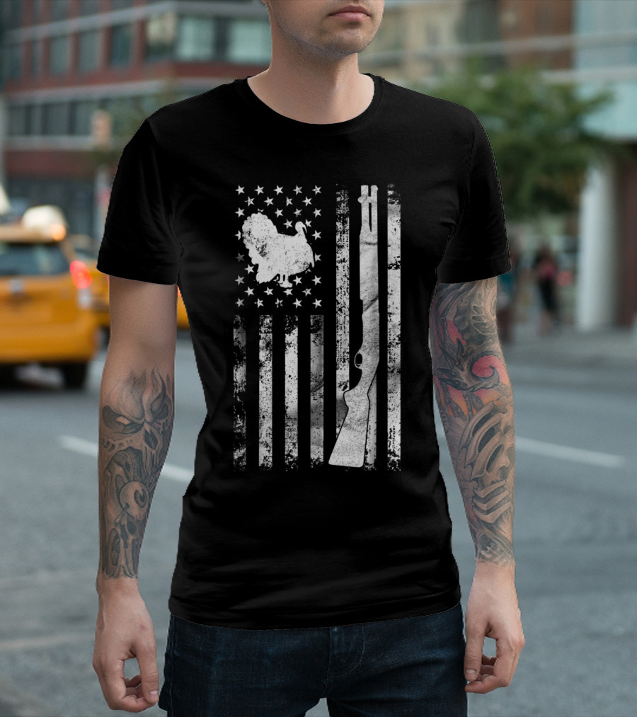 American-Style Turkey Hunting Flag with Rifle and Stars T-Shirt