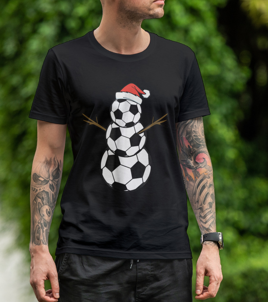Snowman Made Of Soccer Balls With Santa Hat T-Shirt