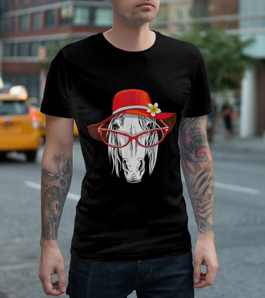 Horse with Red Hat and Glasses for Horse Lovers T-Shirt