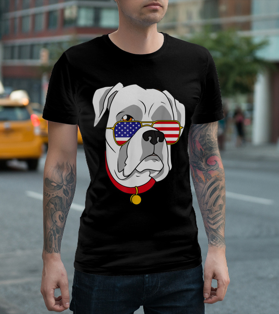 White Boxer Dog With American Flag Sunglasses Patriotic 4th Of July T-Shirt