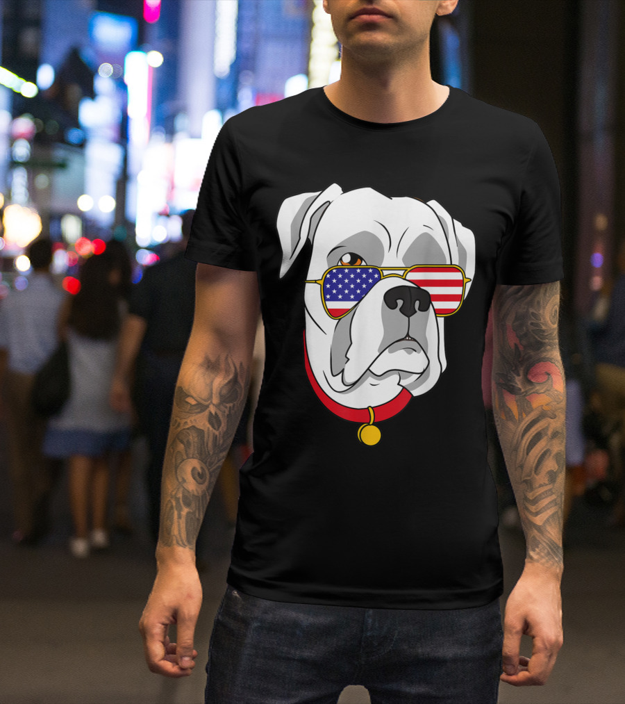 White Boxer Dog With American Flag Sunglasses Patriotic 4th Of July T-Shirt