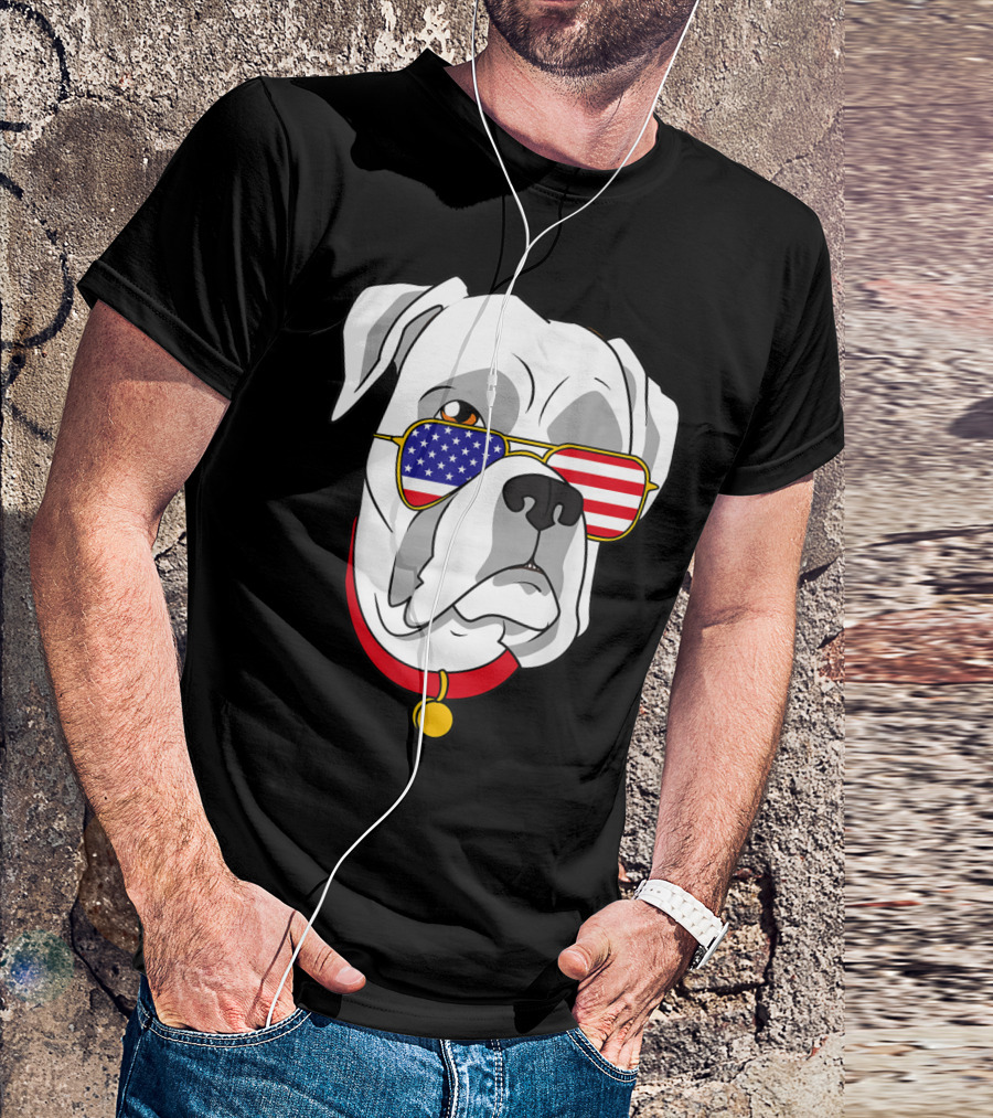 White Boxer Dog With American Flag Sunglasses Patriotic 4th Of July T-Shirt