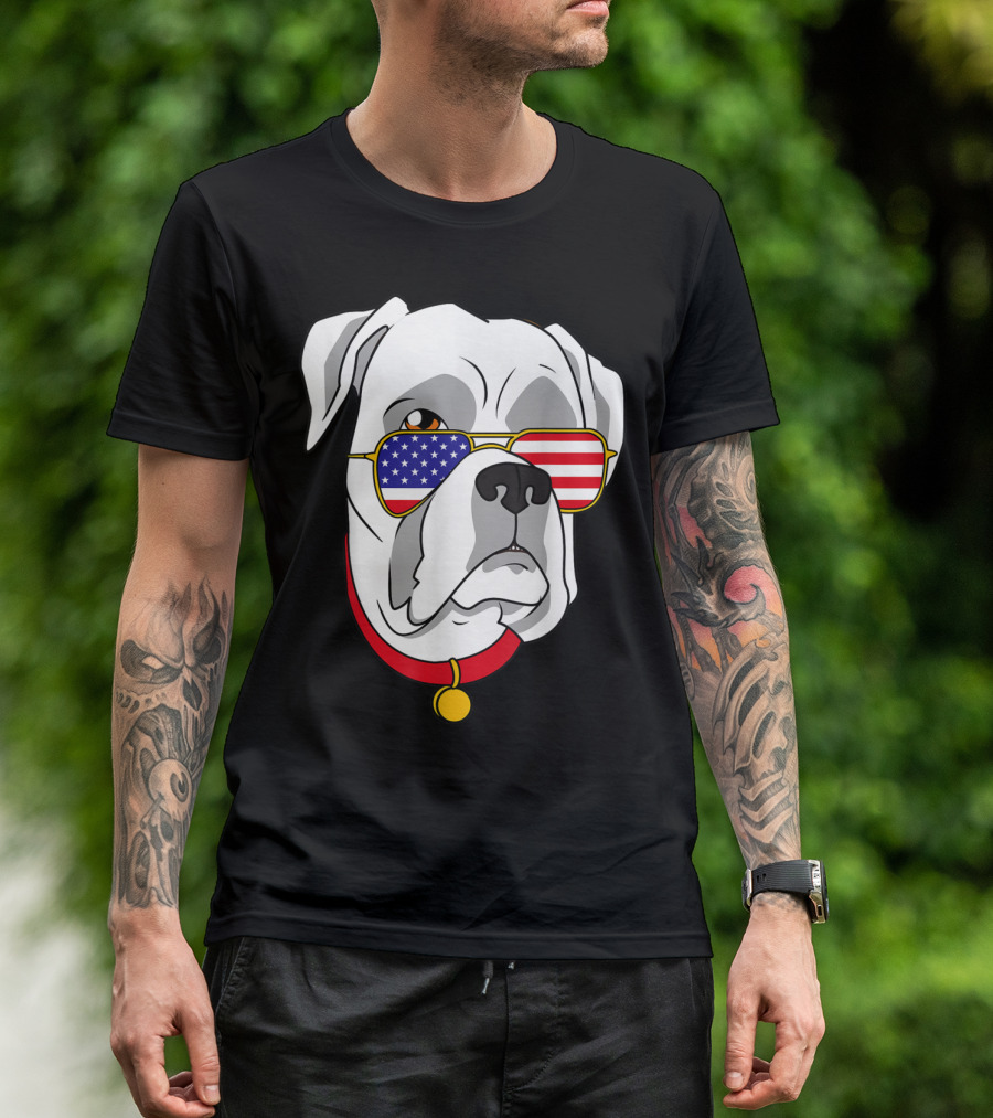 White Boxer Dog With American Flag Sunglasses Patriotic 4th Of July T-Shirt