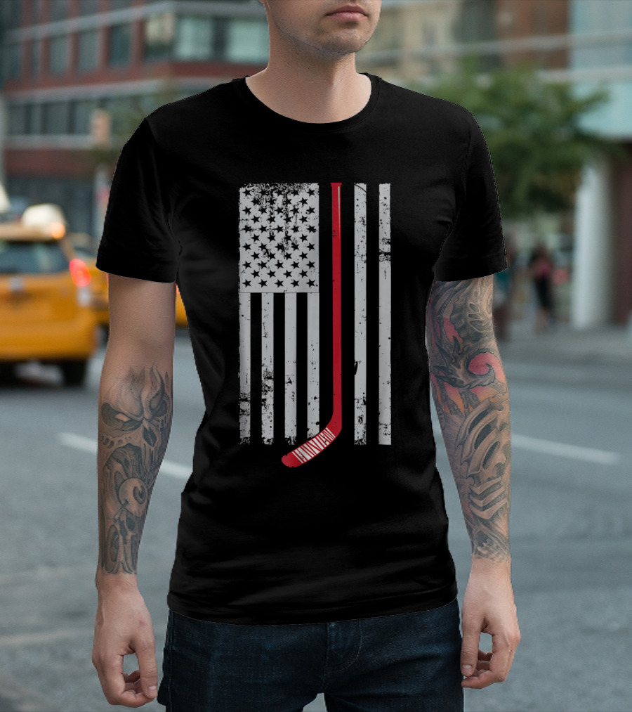 American Flag with Red Hockey Stick T-Shirt