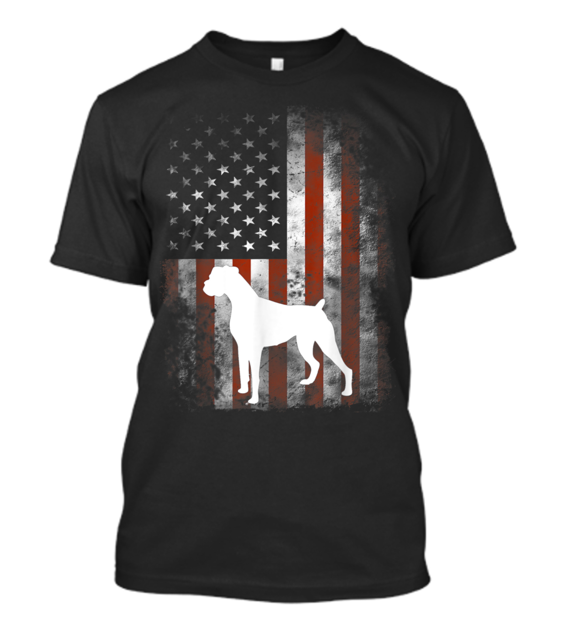 White Boxer Dog Silhouette Over Distressed American Flag Patriotic T-Shirt