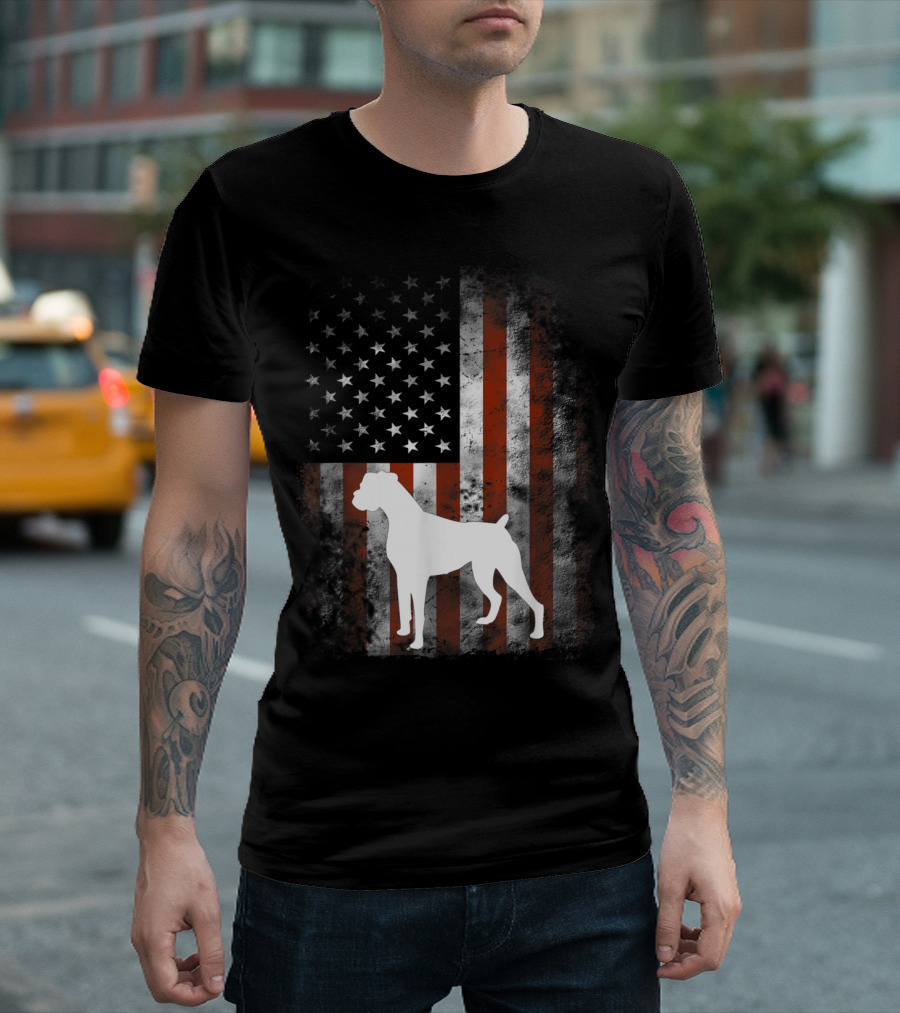 White Boxer Dog Silhouette Over Distressed American Flag Patriotic T-Shirt