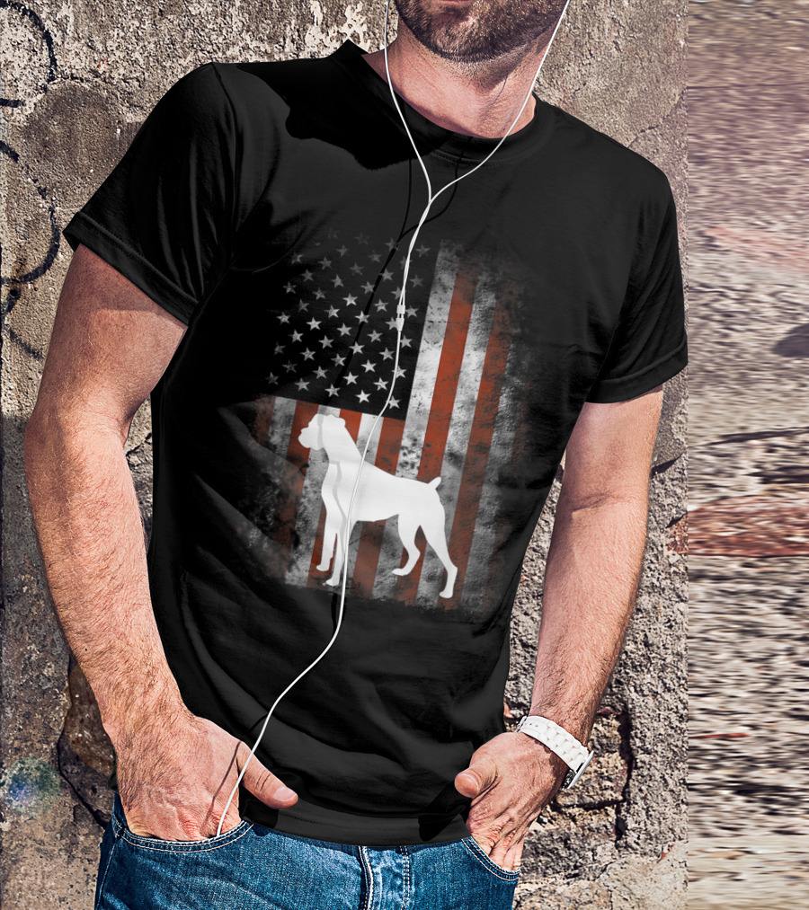 White Boxer Dog Silhouette Over Distressed American Flag Patriotic T-Shirt