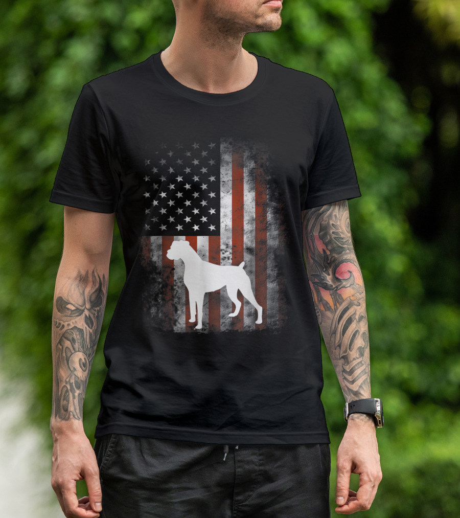 White Boxer Dog Silhouette Over Distressed American Flag Patriotic T-Shirt