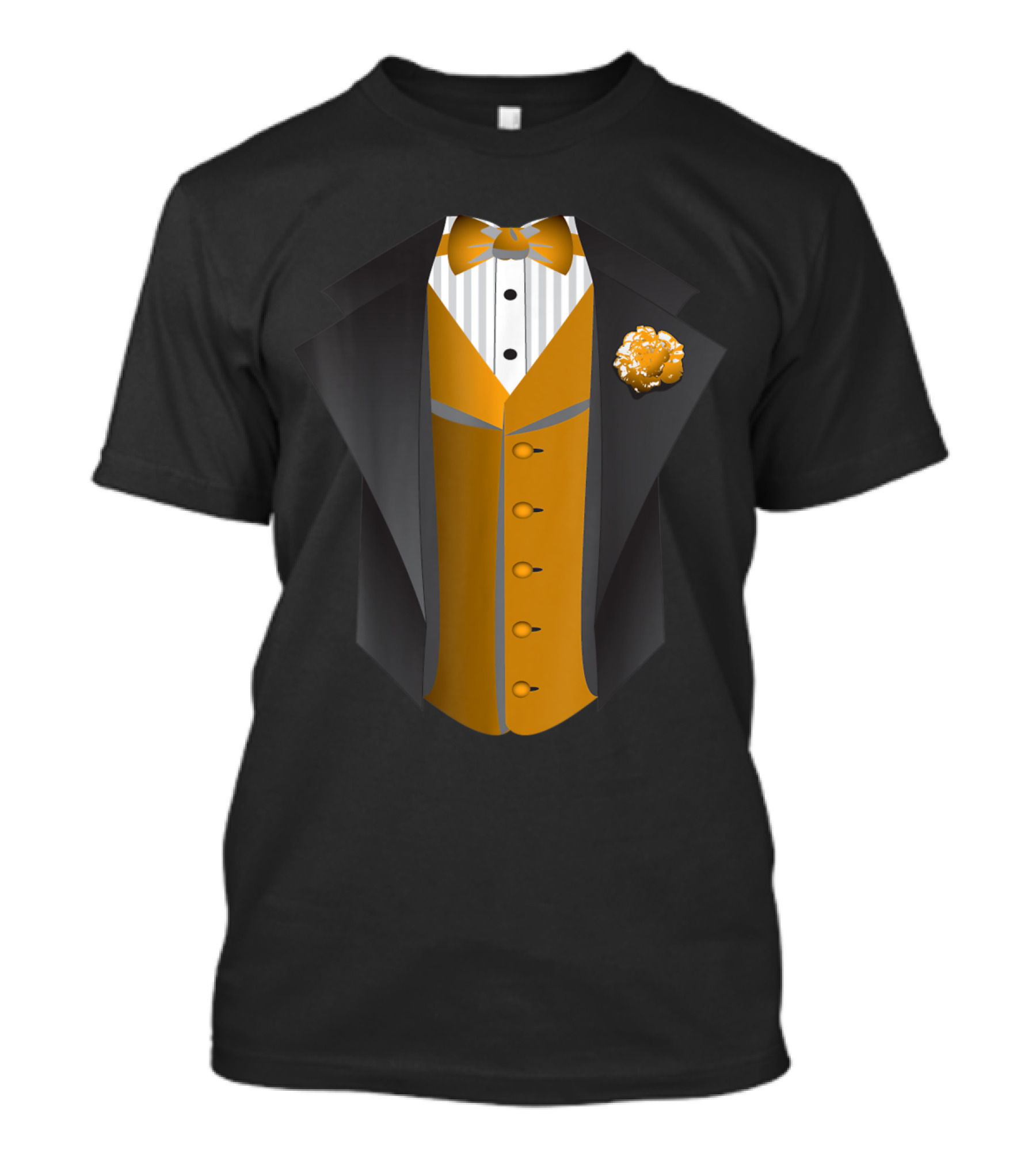 Tuxedo Gold Vest Formal Black Jacket With Bow Tie And Boutonniere T-Shirt