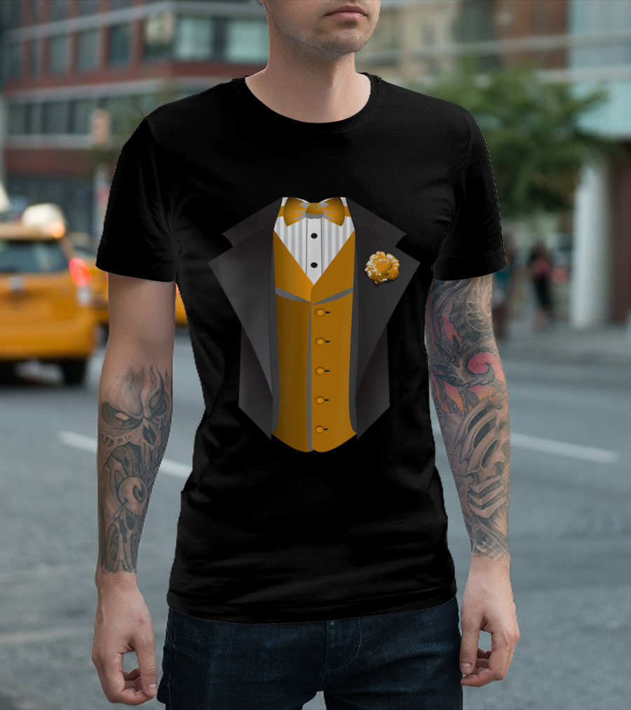 Tuxedo Gold Vest Formal Black Jacket With Bow Tie And Boutonniere T-Shirt