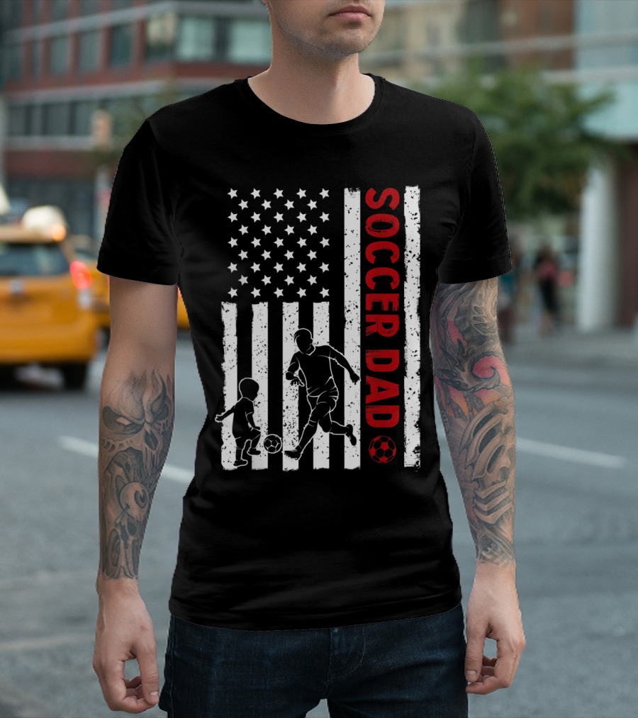 Soccer Dad American Flag With Father And Child Playing Soccer T-Shirt