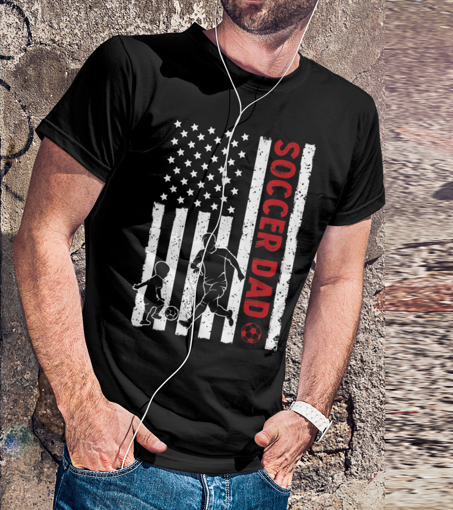 Soccer Dad American Flag With Father And Child Playing Soccer T-Shirt