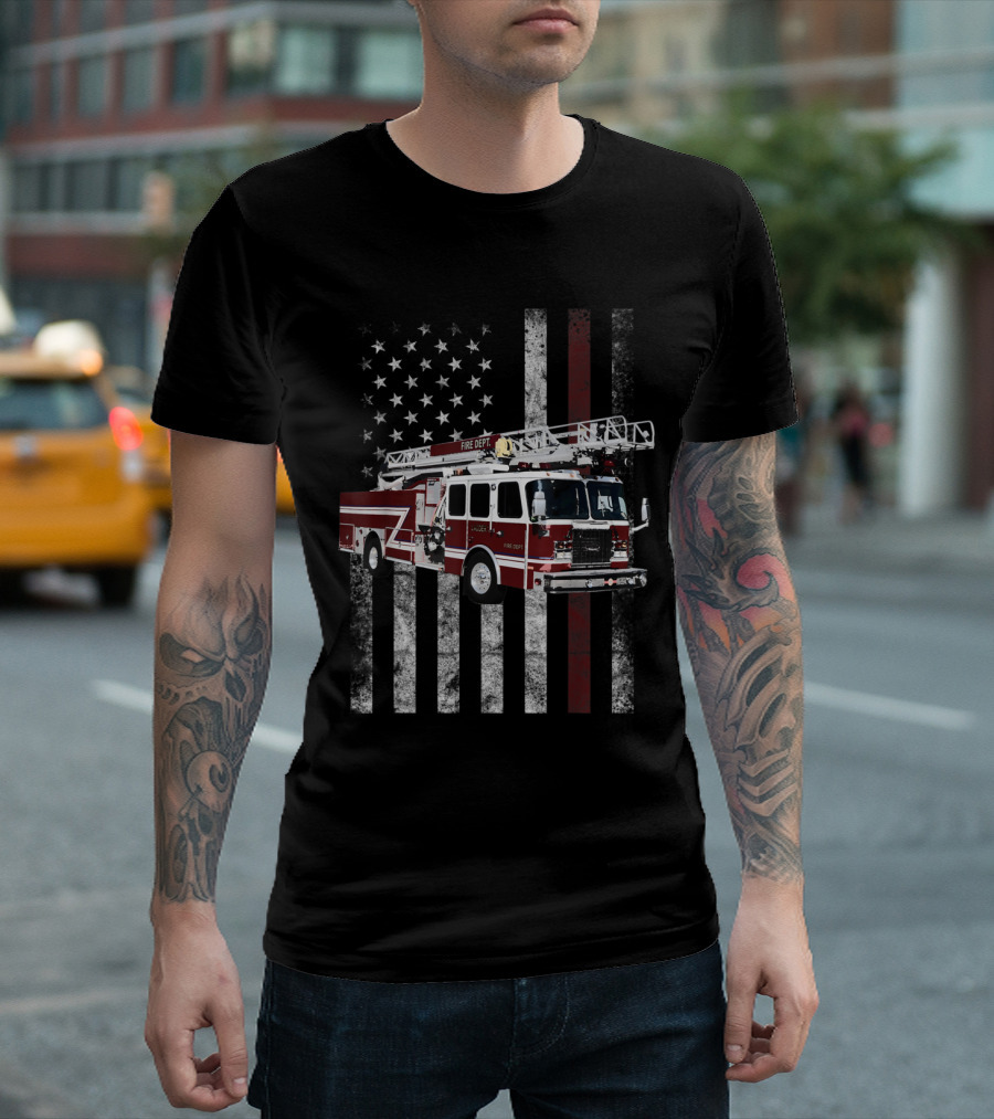 Fire Department Firetruck on USA Distressed Flag with Red Line T-Shirt