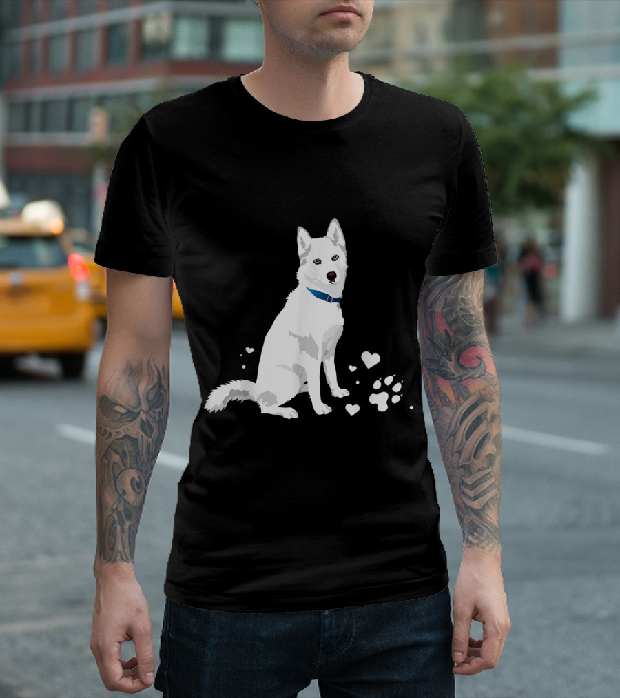 White Siberian Husky with Blue Collar and Heart Paw Print Accents T-Shirt