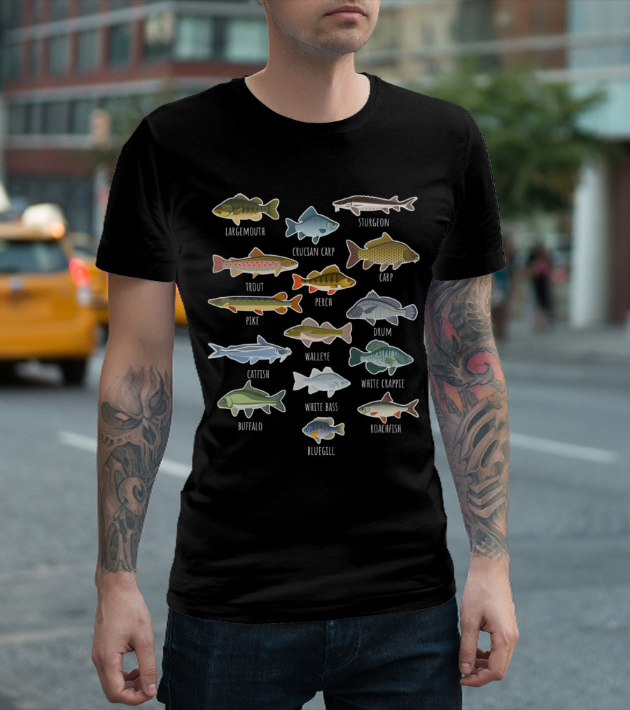 Largemouth Sturgeon Trout Pike Catfish Bluegill Roachfish White Bass Freshwater Fish Species Chart T-Shirt