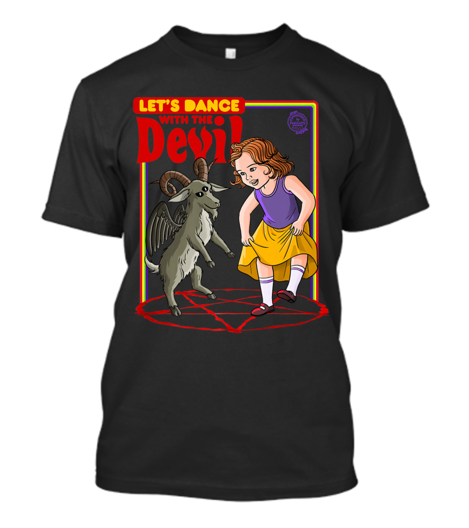 Let's Dance With The Devil Satanic Goat And Girl On Pentagram Playful Scene T-Shirt