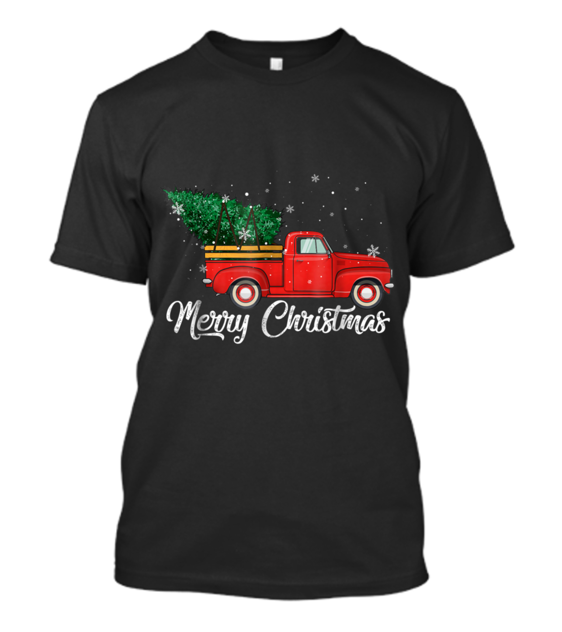 Merry Christmas Red Truck With Snowflakes And Evergreen Tree T-Shirt