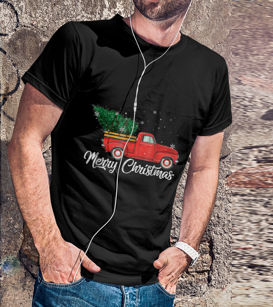 Merry Christmas Red Truck With Snowflakes And Evergreen Tree T-Shirt