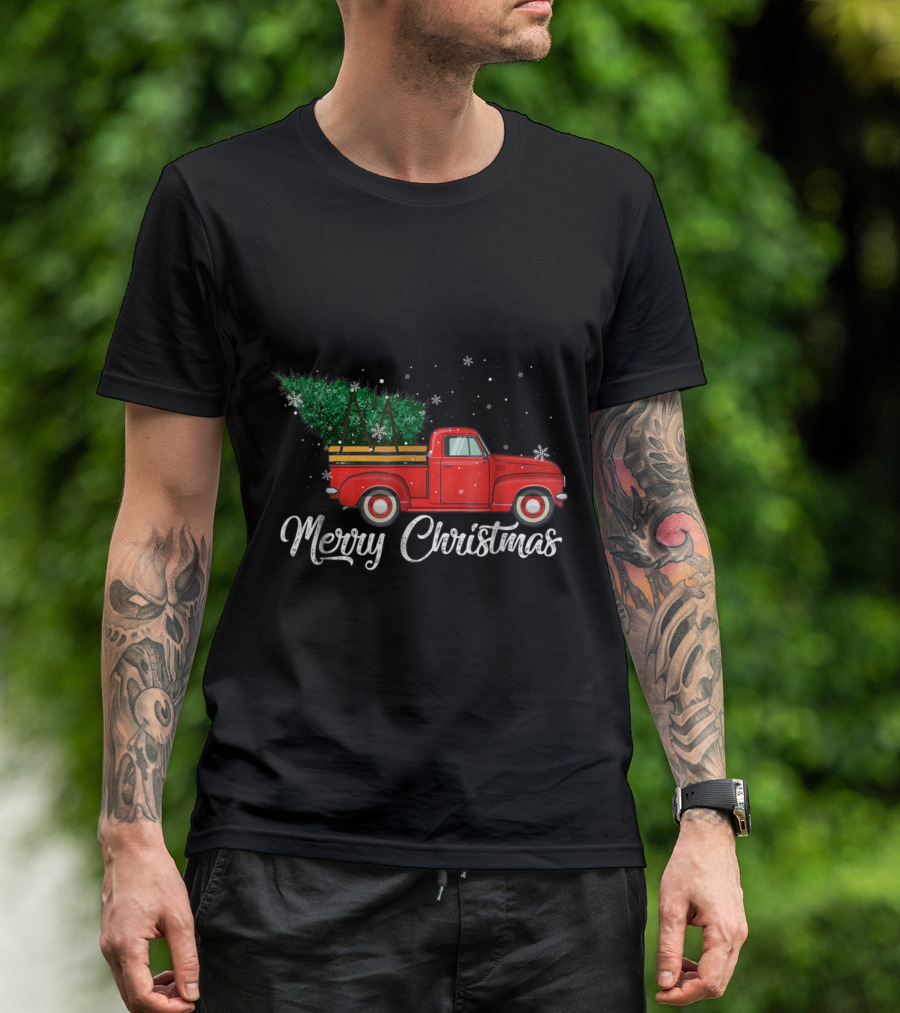 Merry Christmas Red Truck With Snowflakes And Evergreen Tree T-Shirt