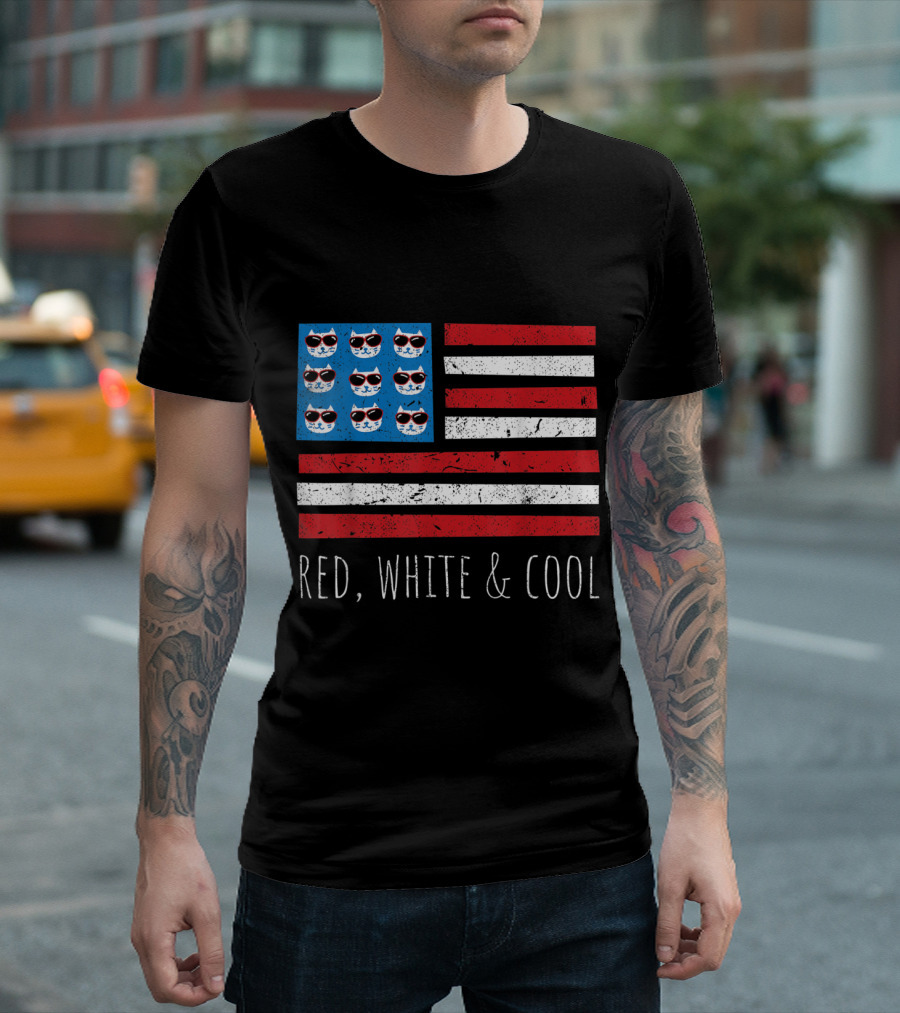 Red White And Cool Cat Head Sunglasses American Flag 4th Of July T-Shirt