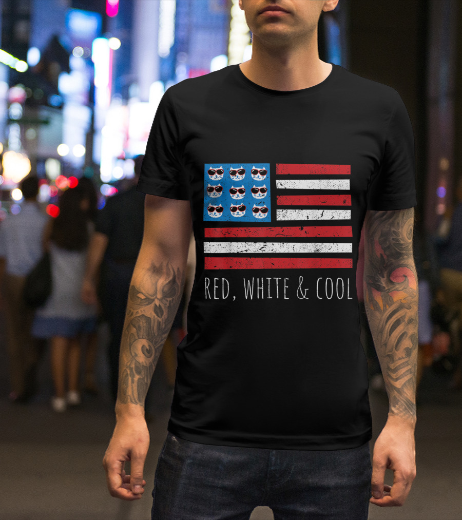 Red White And Cool Cat Head Sunglasses American Flag 4th Of July T-Shirt