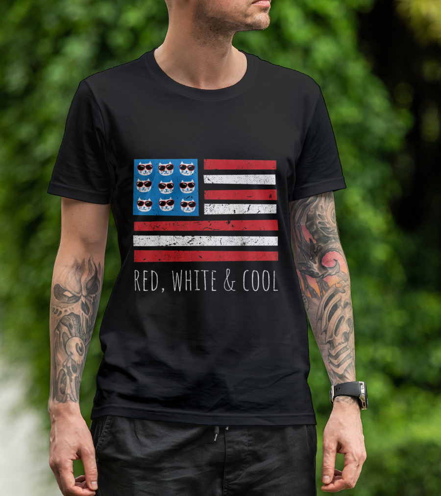 Red White And Cool Cat Head Sunglasses American Flag 4th Of July T-Shirt