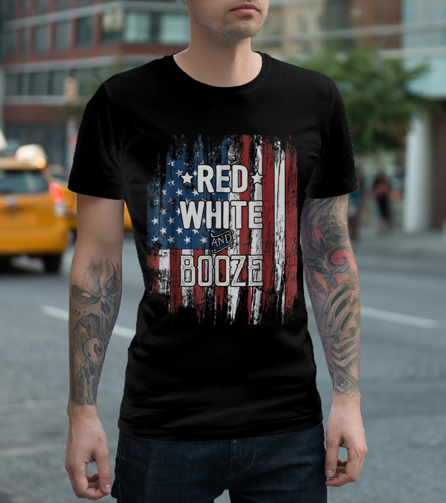 Red White and Booze Distressed American Flag Patriotic July T-Shirt