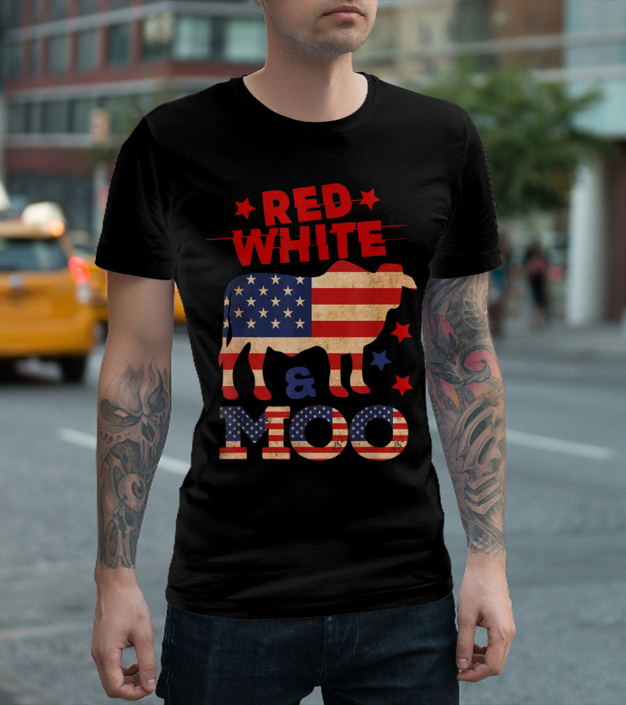 Red White And Moo American Flag Cow 4th Of July T-Shirt