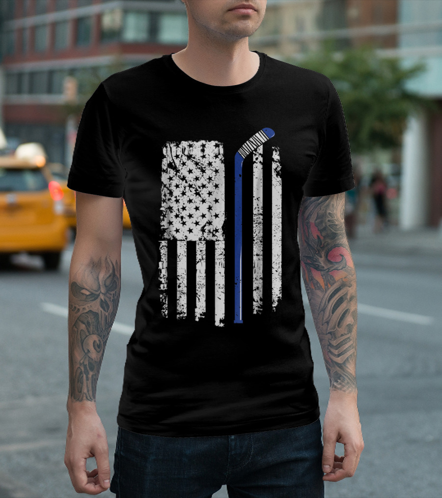 Rustic U.S. American Flag with Blue Hockey Stick T-Shirt
