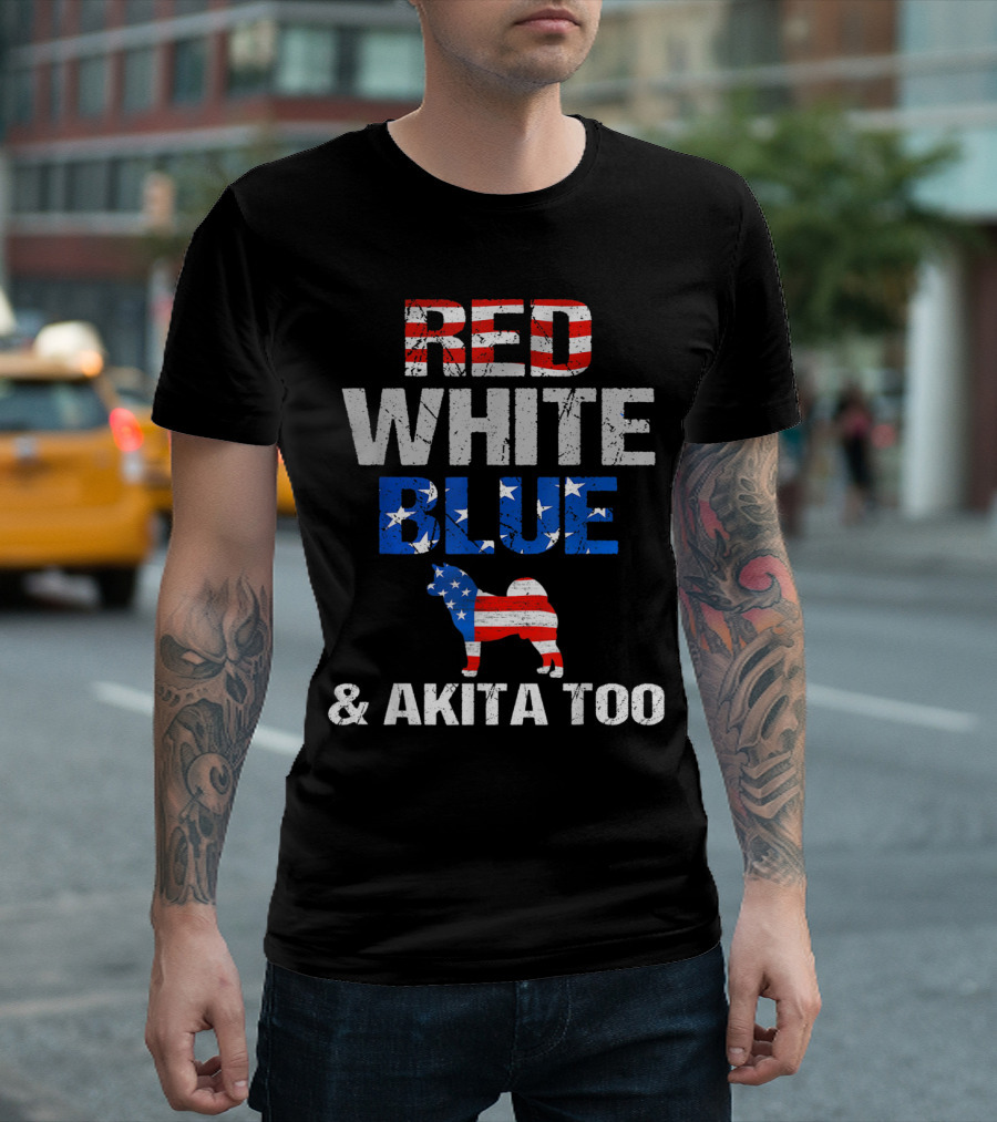 Red White Blue USA Stars Stripes Akita Too T-Shirt