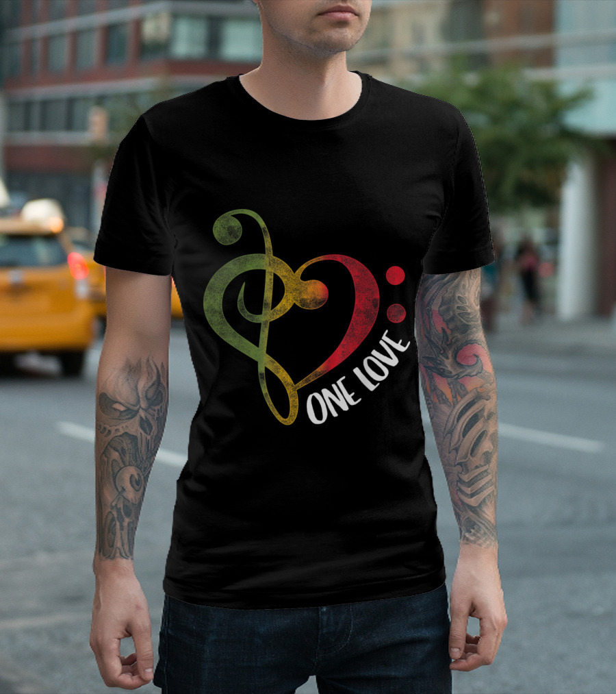 One Love Heart Rasta Treble Bass Clef Reggae T-Shirt