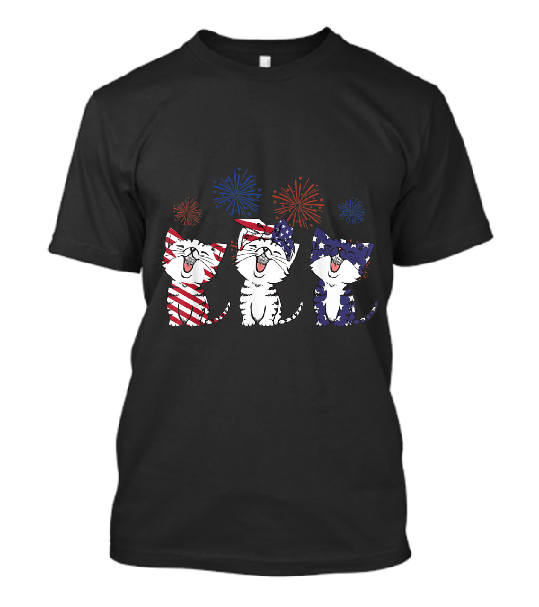 Cats In Patriotic Red White Blue With USA Flag And Fireworks T-Shirt