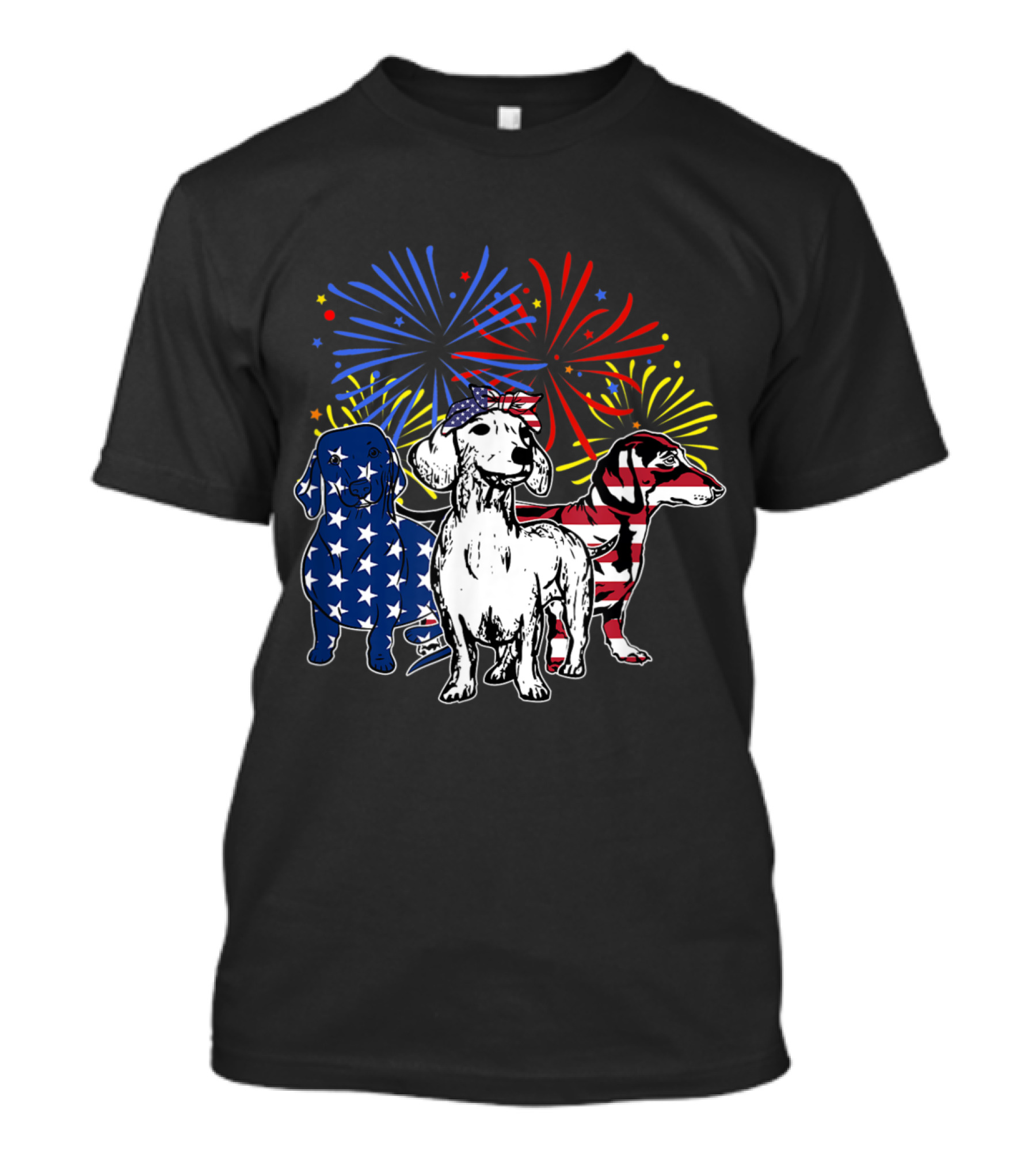 Red White Blue Dachshund American Flag Fireworks T-Shirt