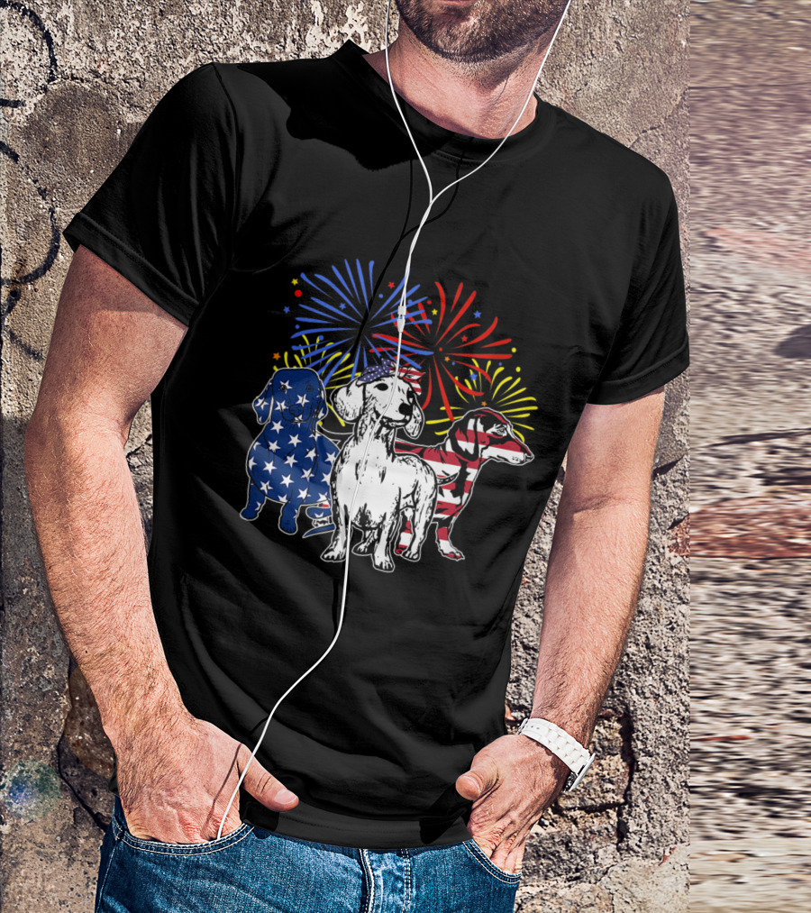 Red White Blue Dachshund American Flag Fireworks T-Shirt