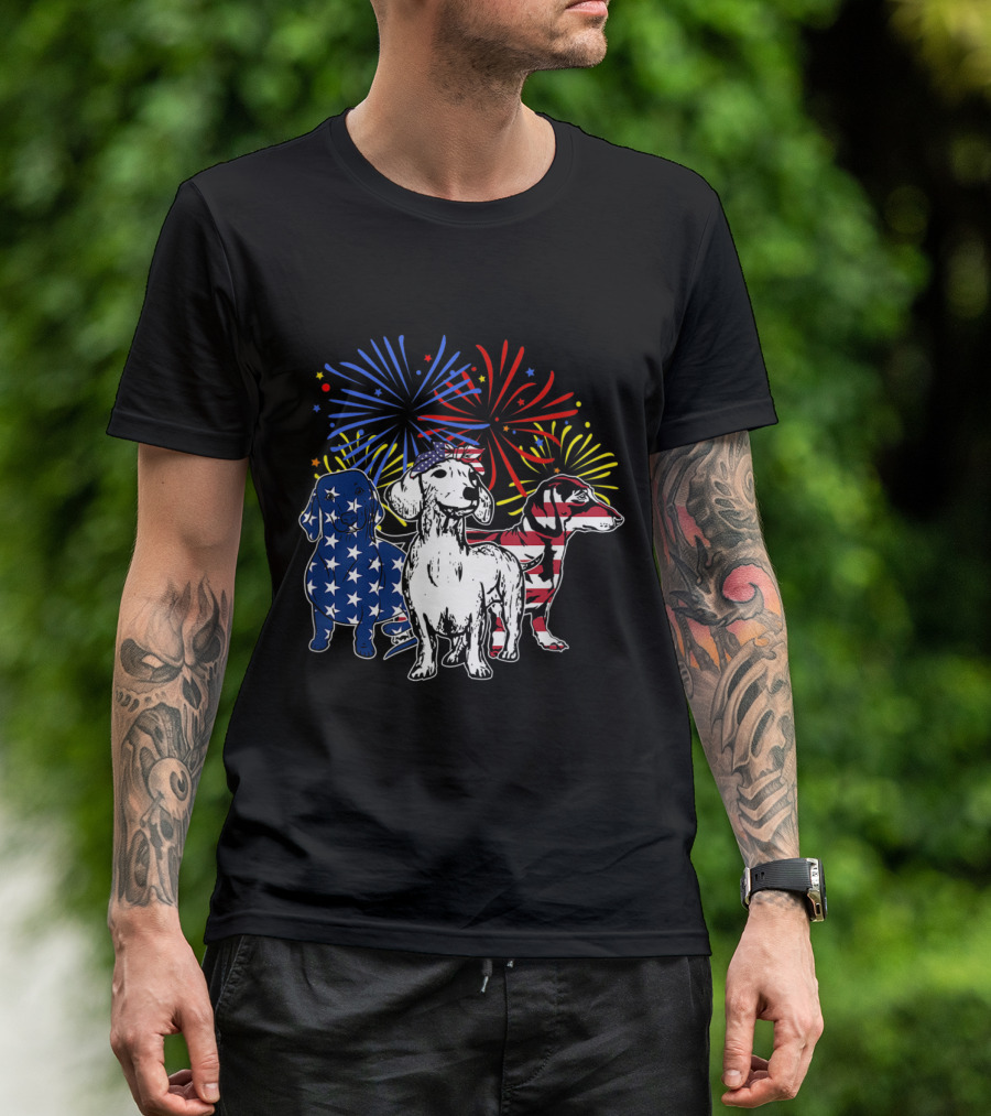 Red White Blue Dachshund American Flag Fireworks T-Shirt