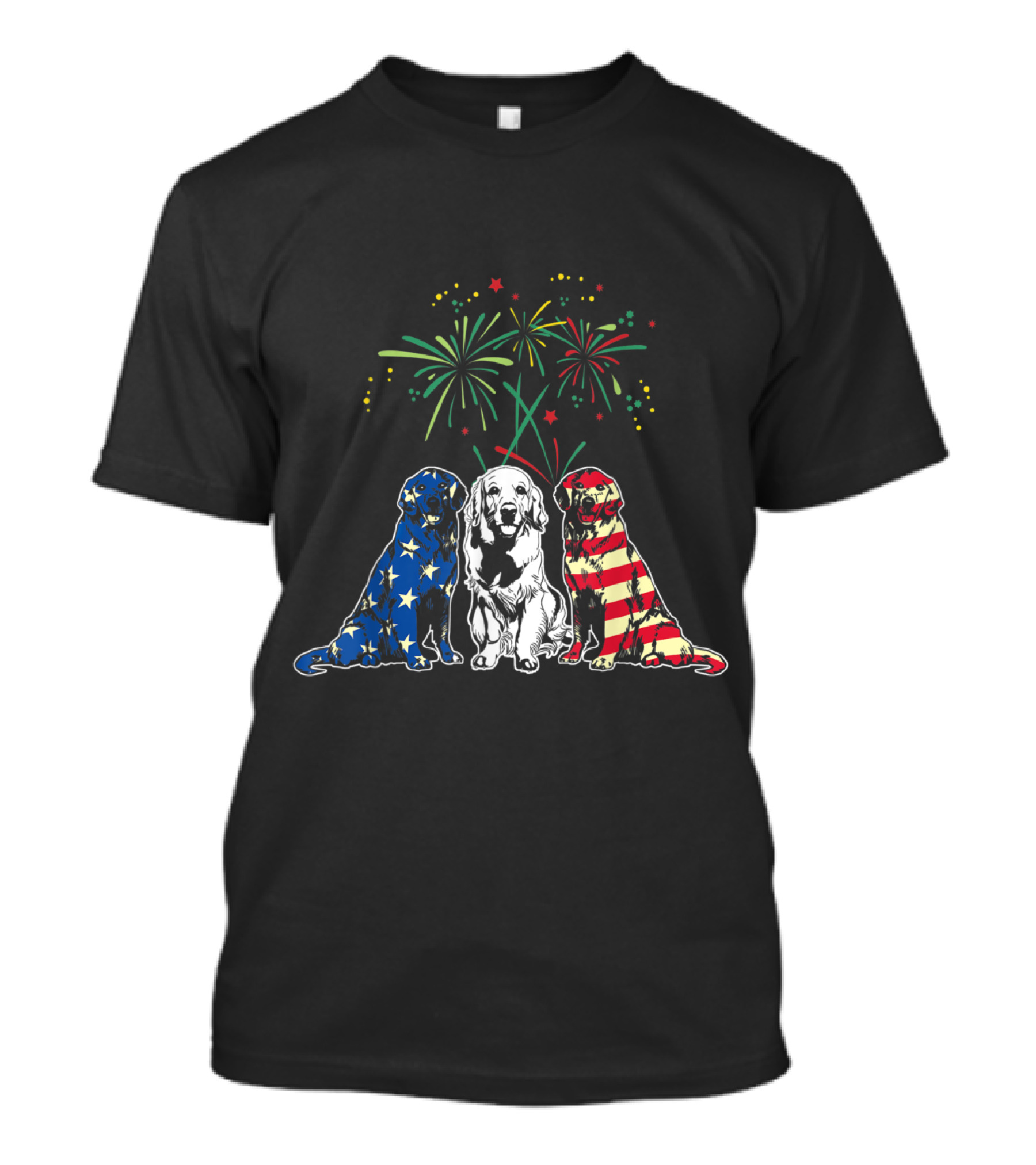 Patriotic Golden Retrievers Red White Blue Fireworks USA Flag T-Shirt