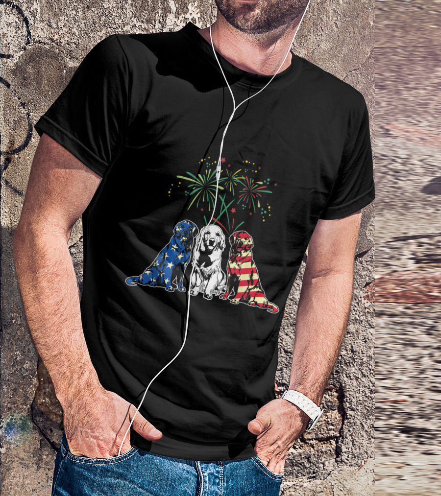 Patriotic Golden Retrievers Red White Blue Fireworks USA Flag T-Shirt