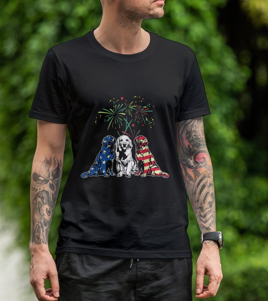 Patriotic Golden Retrievers Red White Blue Fireworks USA Flag T-Shirt